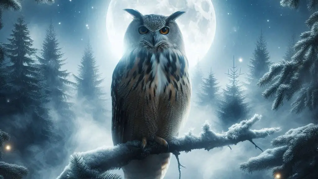 Owl under moonlight or on foggy branch