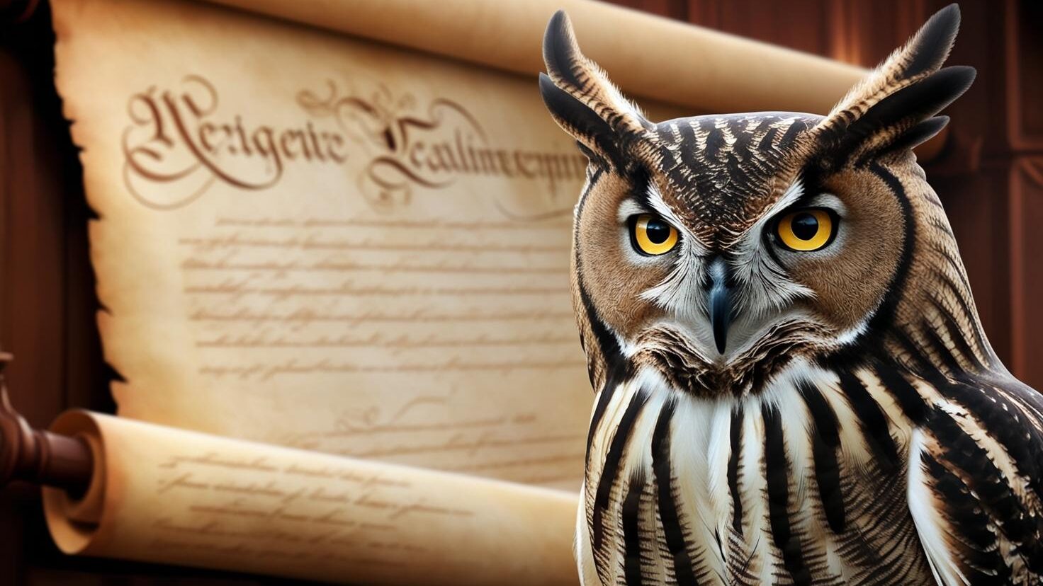 A close-up of an owl with piercing golden eyes and a historical scroll in the background