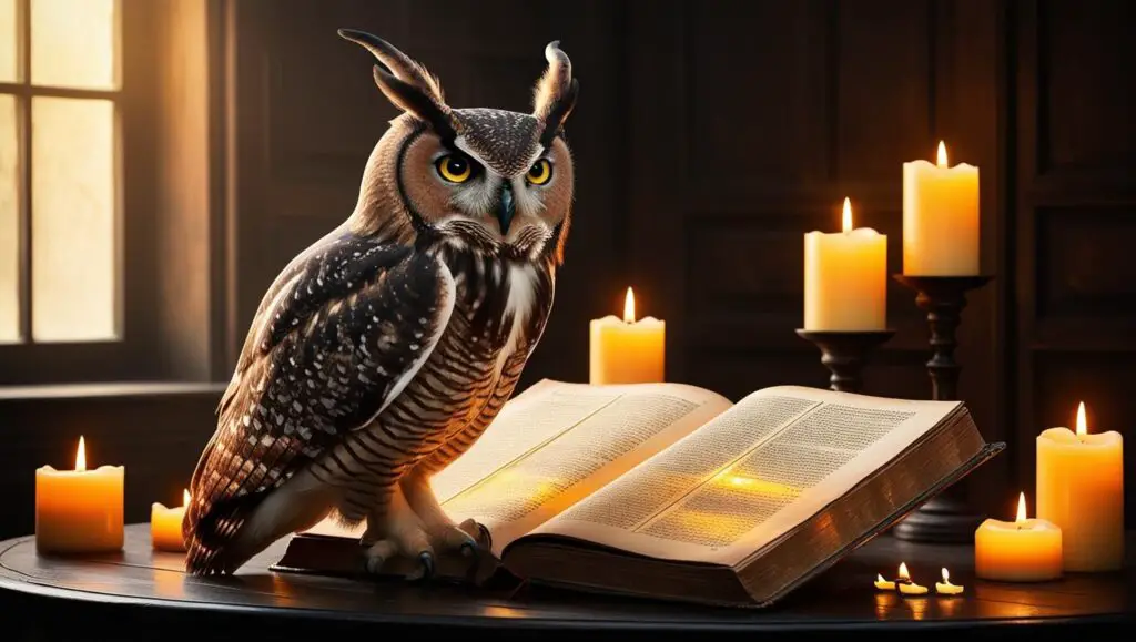 A horned owl sitting on an open ancient book with candles