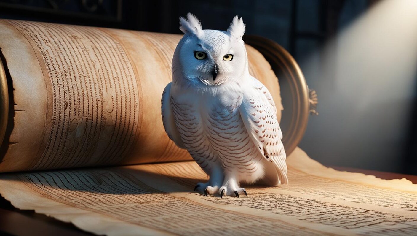 An elegant snowy owl sitting on a medieval scroll