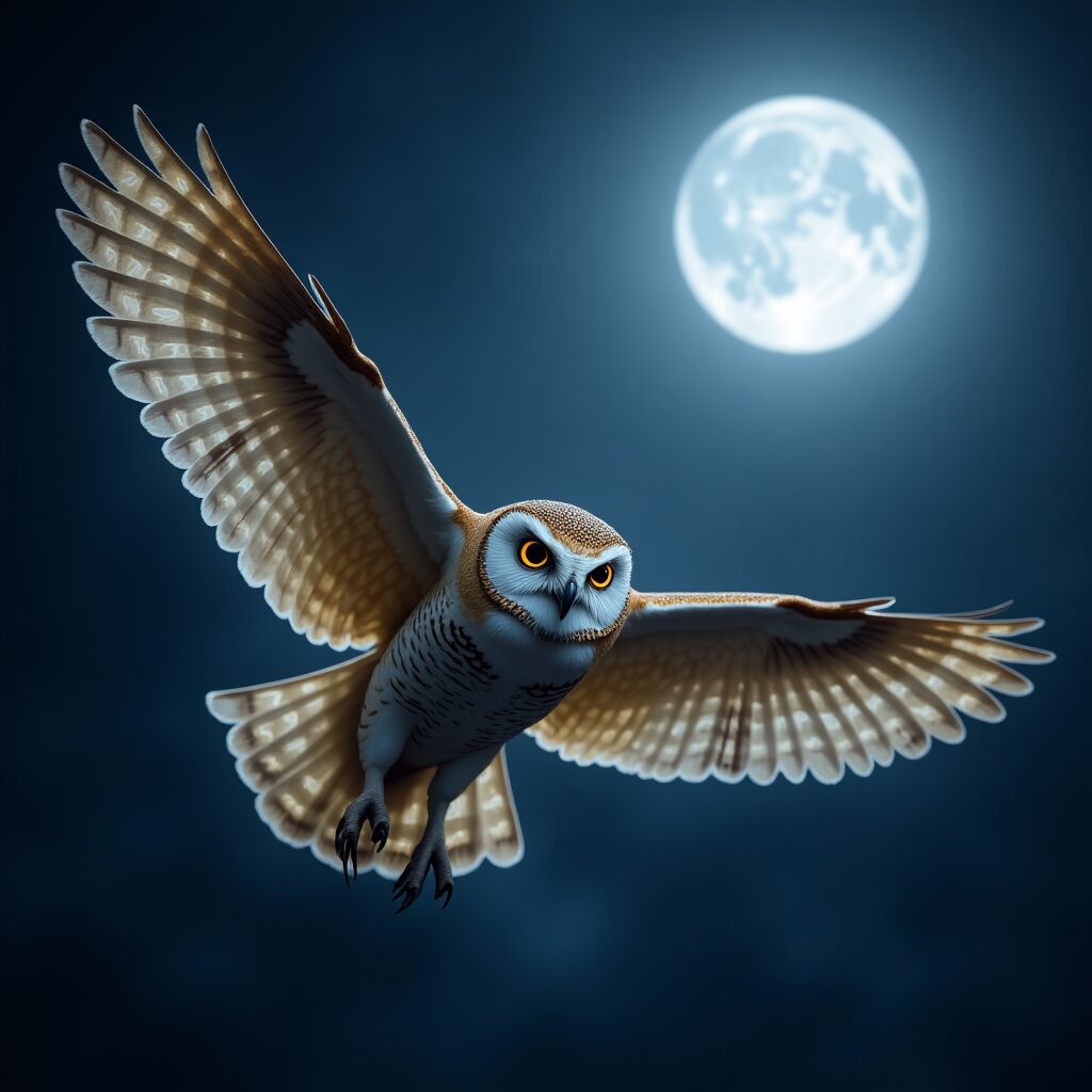 Fantasy owl with sparkling wings flying under moonlight