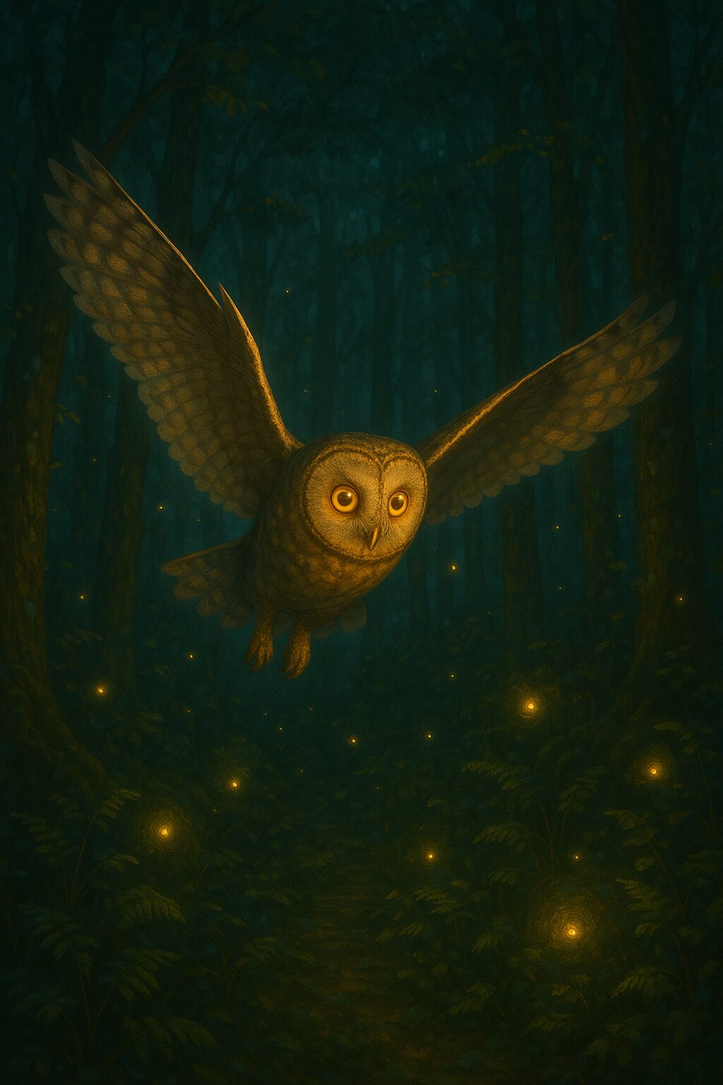 Owl flying through magical woods at twilight