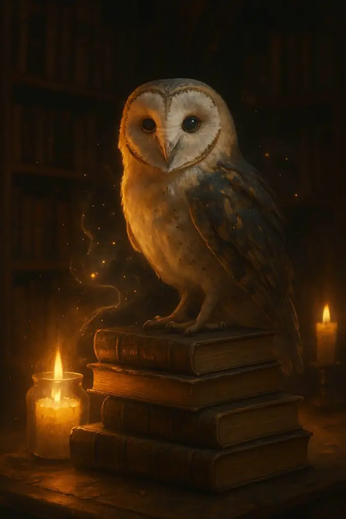 Magical owl perched on a stack of books glowing with candlelight