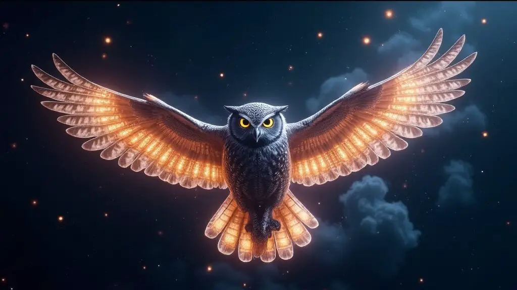 Cybernetic owl flying through space with glowing circuits