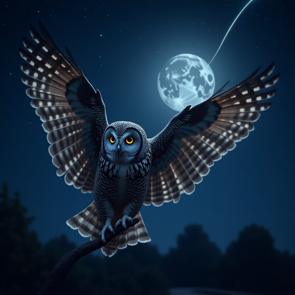 Majestic owl under a starry sky with glowing magic trails