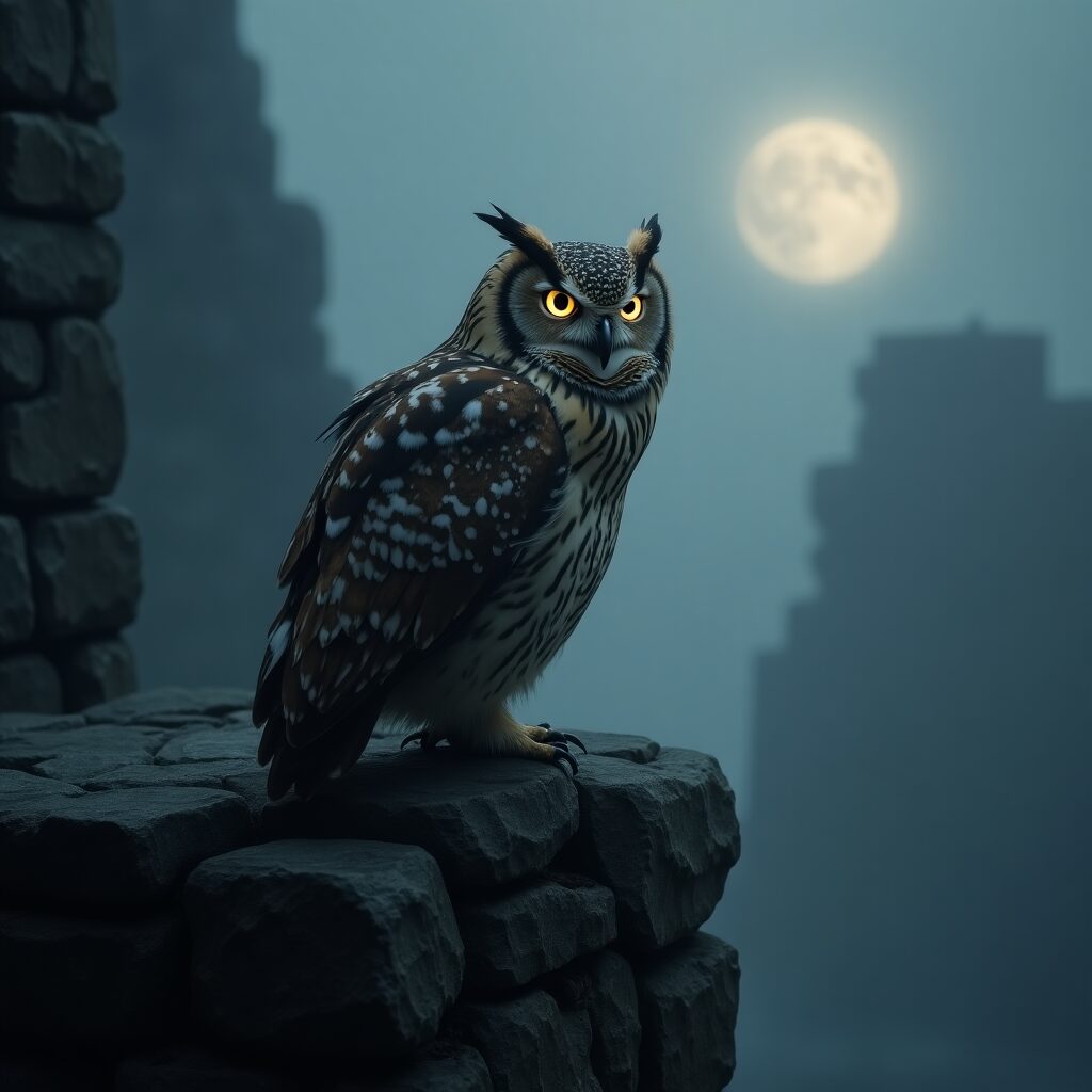 Mystical owl perched on ancient ruins with glowing eyes
