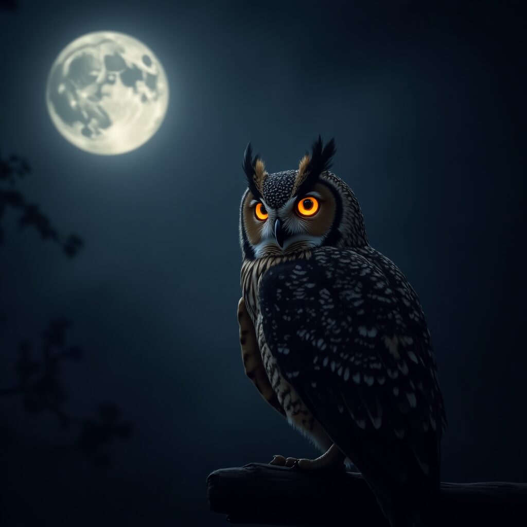 Owl staring under a moonlit sky with glowing eyes
