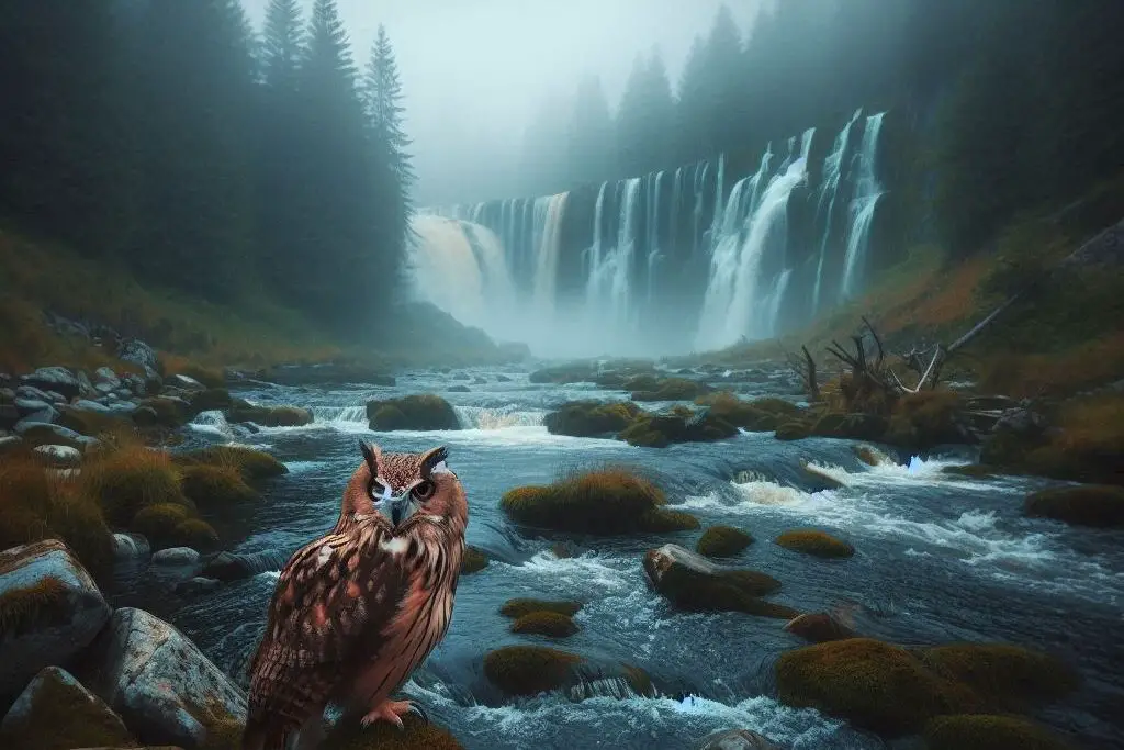 Owl beside a river, waterfall, or foggy lake