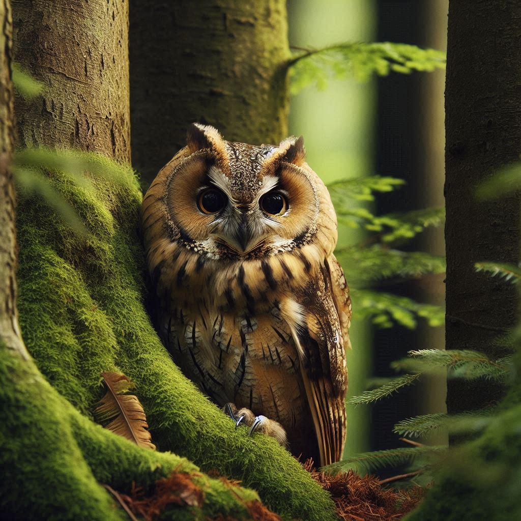 Owl hidden among trees or perched on a forest stump