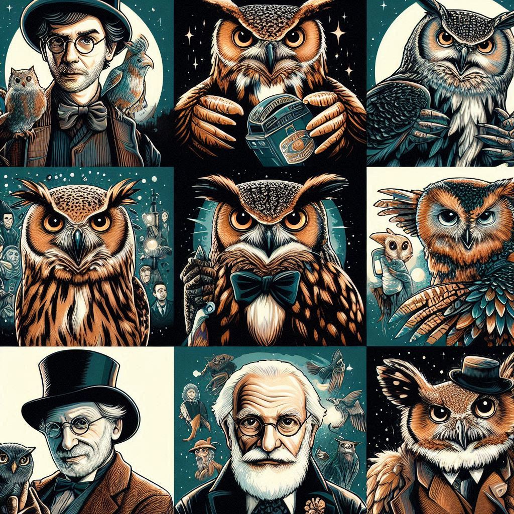 Illustrated collage of famous fictional owls
