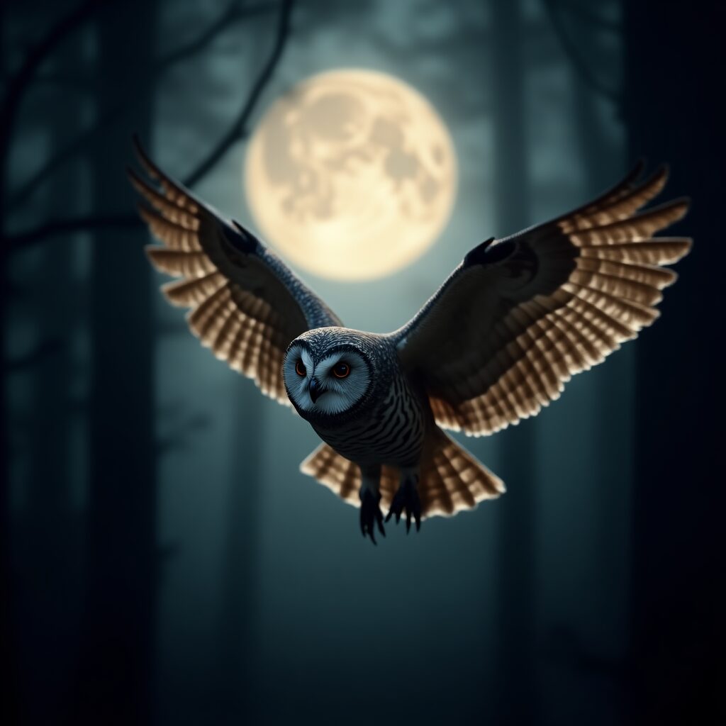 Owl flying in front of a full moon in the forest