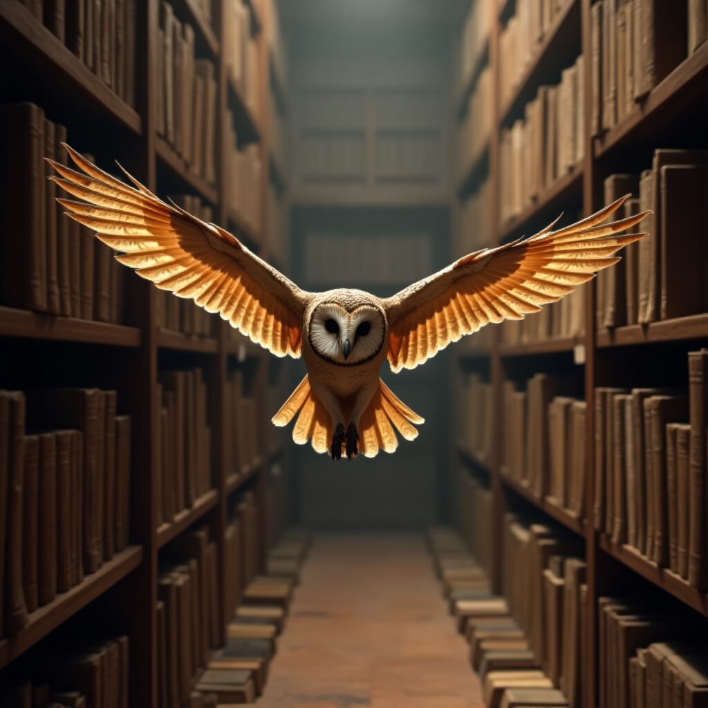 Owl flying through a library filled with ancient books