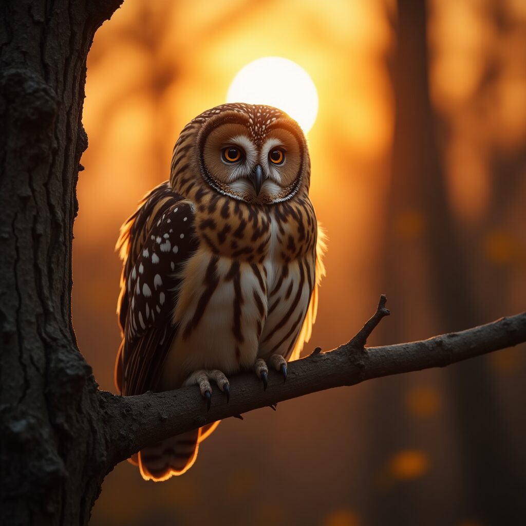 Owl sitting quietly on a tree branch at sunset