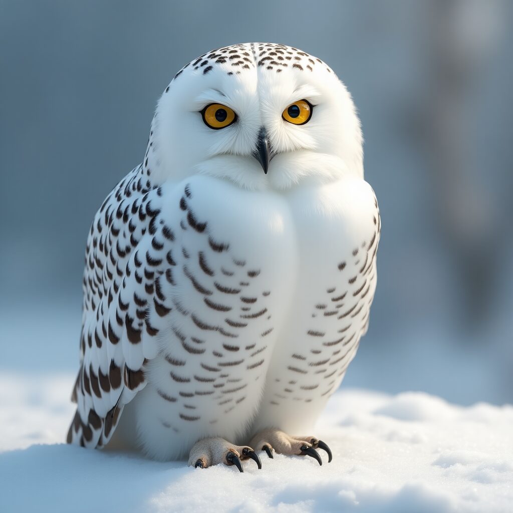 Close-up of snowy owl with yellow eyes