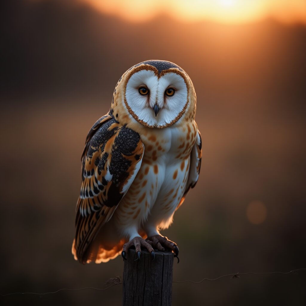 Majestic barn owl at dusk