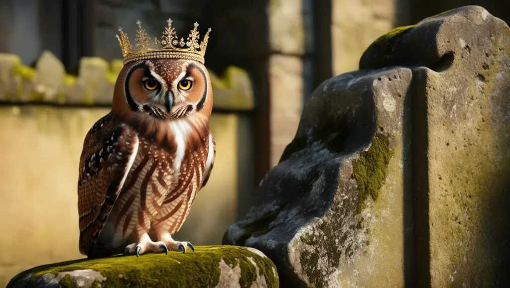 A regal owl wearing a gold-trimmed crown, perched on a medieval stone
